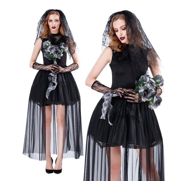 

gothic dead zombie vampire corpse black married black lace dress women's halloween costume amazing nightmare