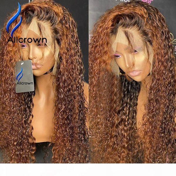 

alicrown 360 lace front curly human hair wigs for women brazilian hair bleached knots non-remy colored 250% density, Black;brown