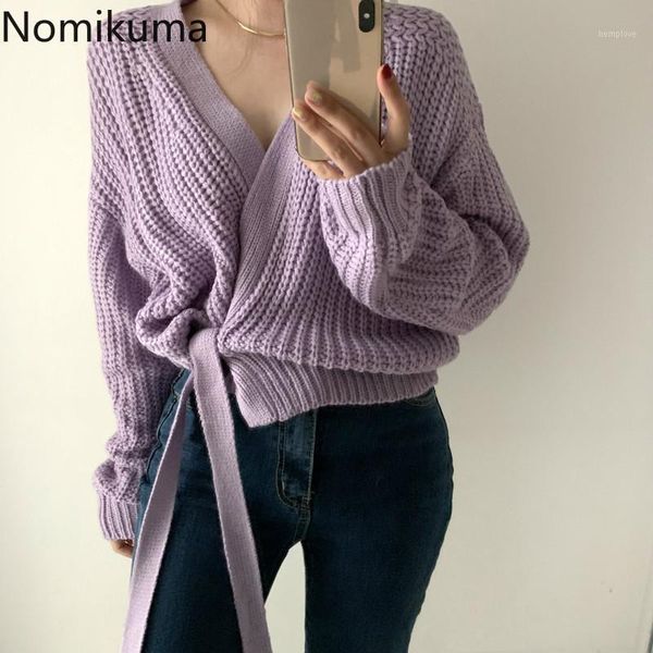 

nomikuma knitted sweater korea chic autumn v-neck side lace up slim waist cardigan women solid color long sleeve 3d5941, White