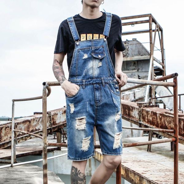 

ripped jeans jumpsuit men summer overalls mens denim jumpsuits playsuits jeans distressed romper hole broken casual male outfits, Blue