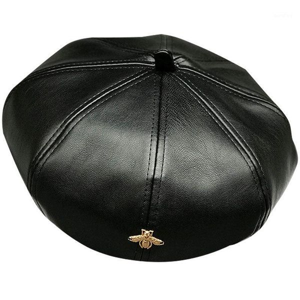 

berets women's elegant trend pu leather hat winter autumn warm artificial for ladies gold bee female brand designer cap1, Blue;gray