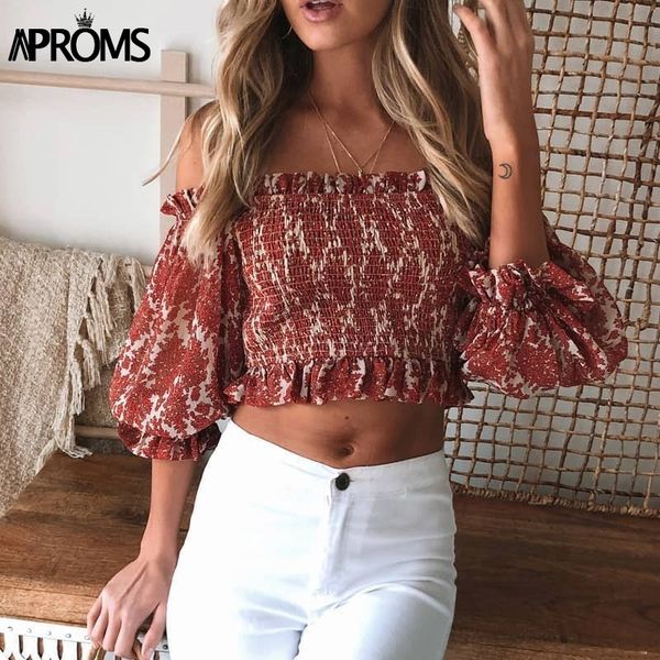 

aproms elegant off shoulder ruffle cropped blouse women floral print half sleeve ruched chiffon shirt ladies summer y200622, White
