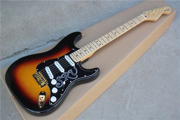 

tobacco sunburst electric guitar with srv pickguard,maple fingerboard,sss pickups,gold hardwares,offering customized services.