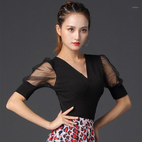 

latin dance shirt women v-neck puff sleeve female practice clothes cha cha rumba tango salsa training wear dnv132341, Black;red
