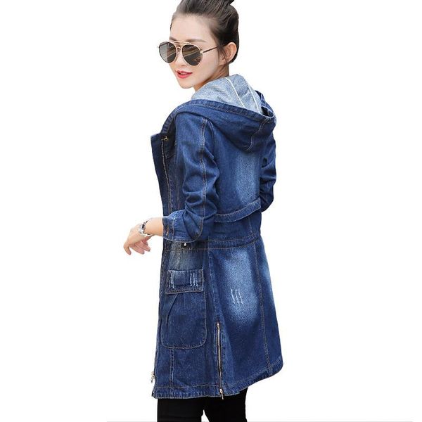 

women's jackets idopy womens denim jacket with hood blue vintage zipper closure long and coat for lady plus size s-4xl side, Black;brown