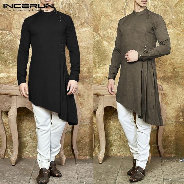 

stylish islamic kurtas suit dress men shirt long sleeve muslim asymmetric hem kaftan aaudi arabia men clothing robe 1, White;black