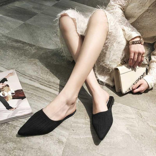 

mules shoes women slippers knitted sandals summer slip on slides slippers pointed toe mules shoes women flat1, Black