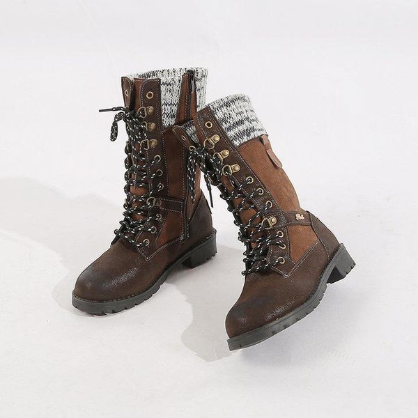 

new 2020 women boots autumn winter pu mid-calf boots with back lace-up design solid color low heels shoes botas mujer1, Black