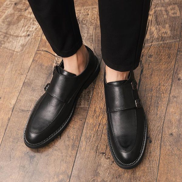 

men shoes leather black formal dress shoes large size 38-47 pu buckle non slip classic retro rubber wedding party for men