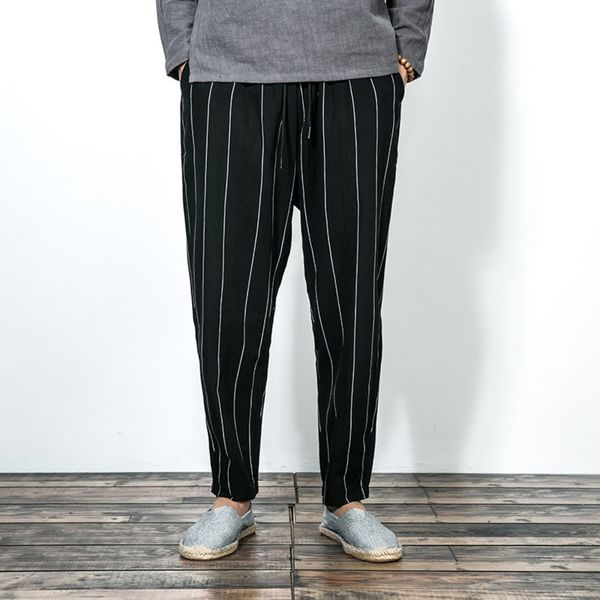 

2020 new spring and casual summer chinese style linen casual vertical stripe straight pants men's slim pants bpyvj, Blue