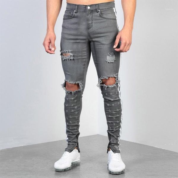 

men jeans stretch destroyed ripped design men's fashion denim cotton hole straight pocket trouser distressed jeans pantz4131, Black