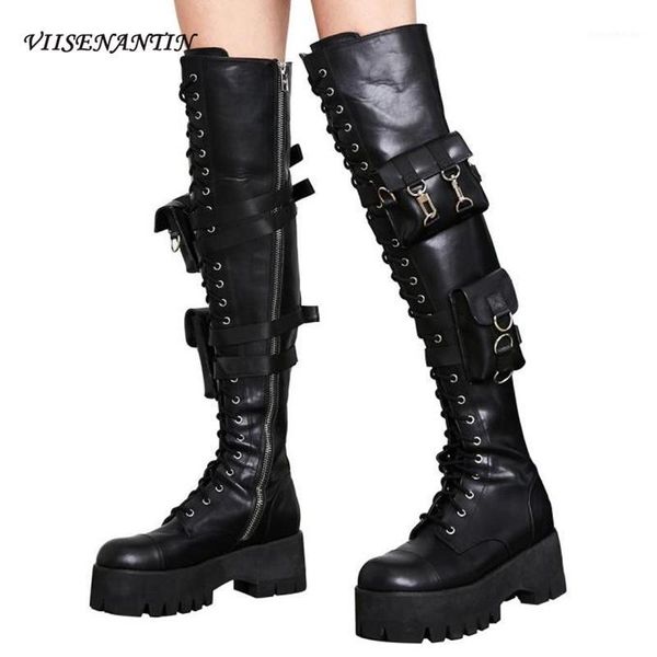 

boots 2021 pocket over-the-knee low heel chunky sole trousers trendy women stage performance catwalk belt buckle1, Black