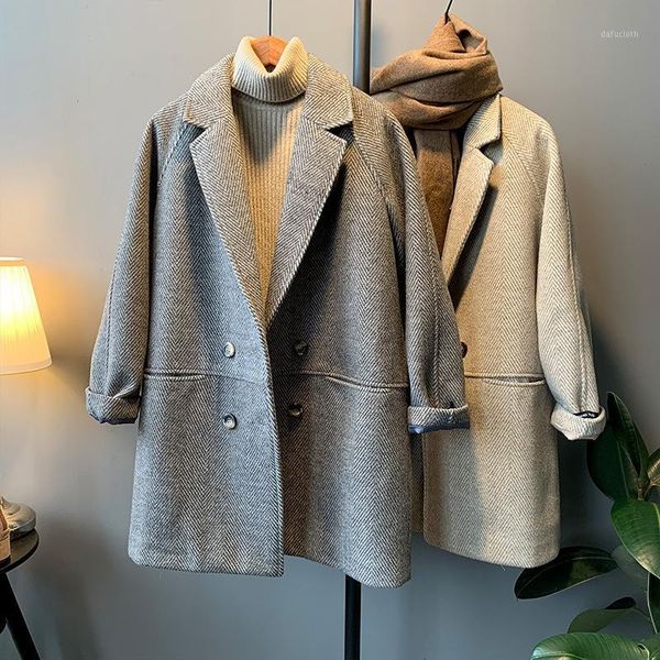 

beige plaid long wool coat winter women gray elegant warm jacket 2020 autumn loose overcoat office ladies woolen coats lined1, Black
