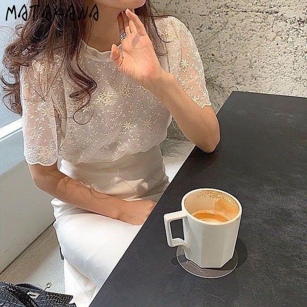 

matakawa wave edge lace ladies shirts summer elegant temperament blouses hook flower stand collar short sleeve female1, White