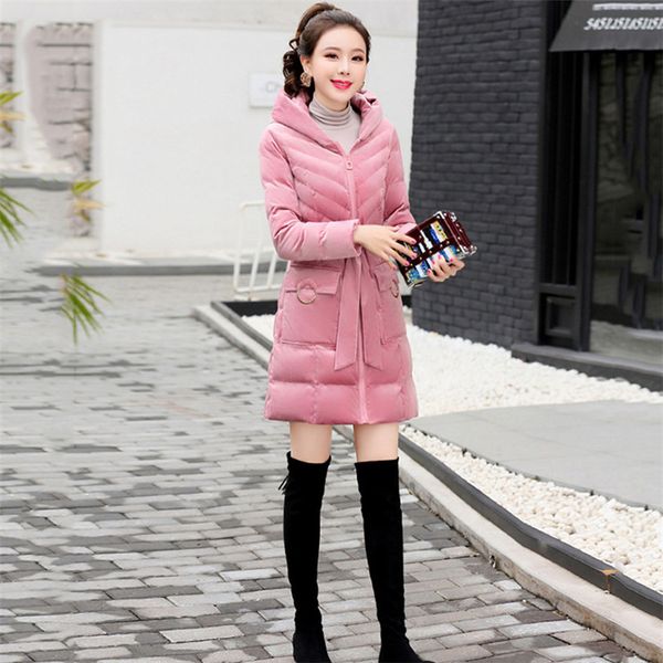 

2021 new winter red jacket 2xl plus size new fashion thin pink with thick belt heat down cotton female coat r64h, Black