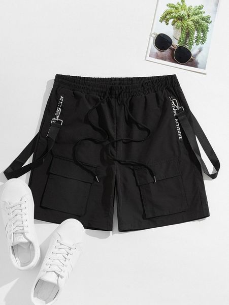 

men drawstring waist flap pocket shorts with tape l8zl#, Black
