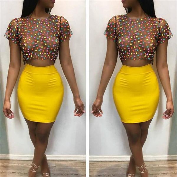 

aprmhisy new summer women two piece set elegant mesh polka dot casual party crop and skirt sets outfits, Gray
