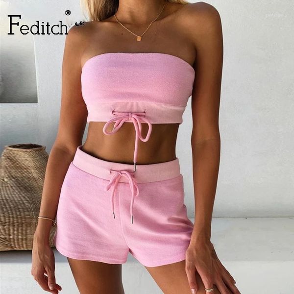 

feditch sweater two piece set summer women strapless and high waist short 2 piece set outfits lady slim matching clothes1, Gray