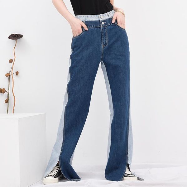 

eam] blue contrast color denim long wide leg jeans new high waist loose women trousers fashion tide spring autumn 20201