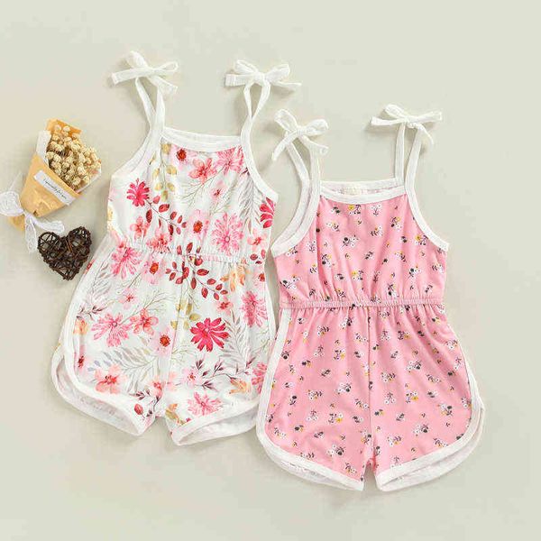 

6m-3y baby girl floral romper sleeveless square neck print toddlers overalls shorts summer outfits kids children cute clothing g220223, Blue