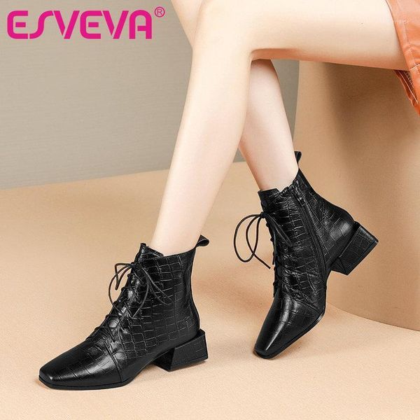 

boots esveva 2021 western style cow leather zipper ankle winter women shoes low heel lace up retro size 34-421, Black