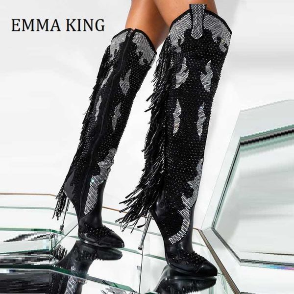 

boots fall winter women rhineston fringe long iron heels black leather over the knee stiletto botas de mujer1
