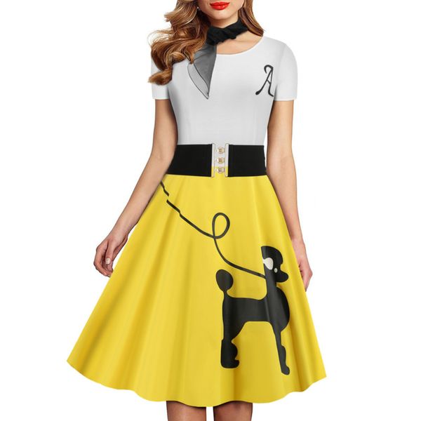 

x3201 women's air round neck short sleeve solid color splicing belt big swing skirt with black silk scarf, Black;gray