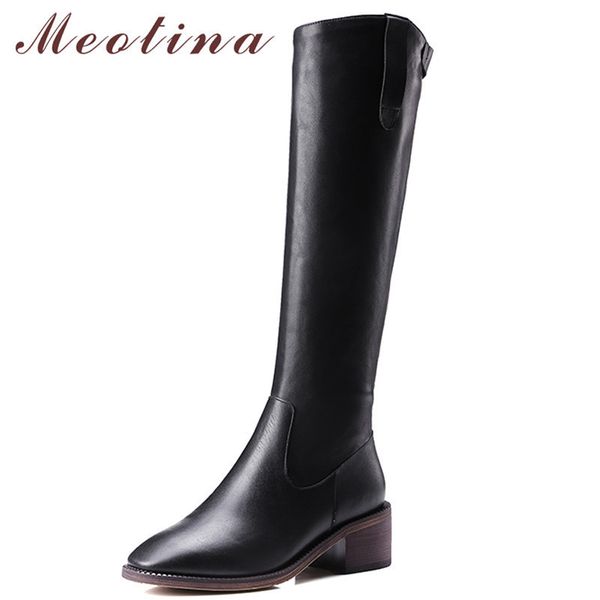 

meotina winter riding boots women natural genuine leather block heel knee high boots zipper square toe long shoes lady autumn 39 lj201130, Black