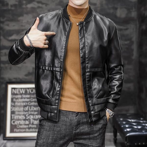 

men's fur & faux autumn pu leather jacket men clothing 2021 fashion slim fit baseball collar casual coats big pockets veste homme quali, Black
