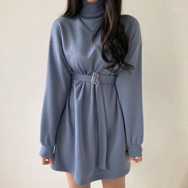 

women sweatshirt dress with belt solid color long sleeve high collar autumn pullover ladies slim harajuku wild dresses 2020 new1, Black;gray