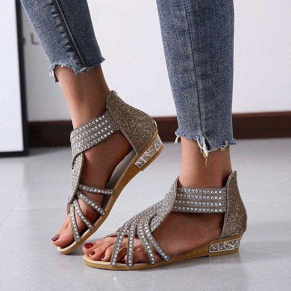 

2020 summer women sandals ladies fashion bohemia wedges open toe breathable sandals zipper casual rhinestones shoes plus size, Black