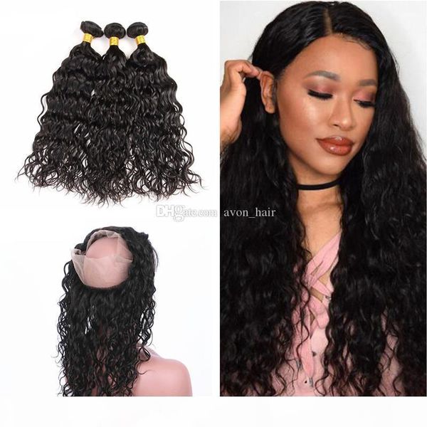 

water wave pre plucked 360 lace band frontal with hair weaves wet and wavy hair bundles with full lace frontal 22.5x4x2, Black;brown