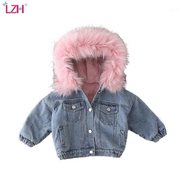 

lzh 2020 autumn winter plus velvet jean jacket short big fur collar baby boys clothes warm children's jackets new aby girls coat1, Blue;gray