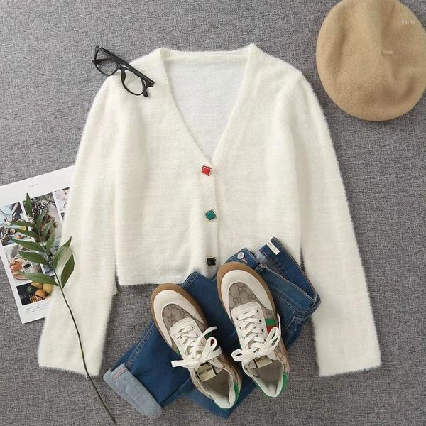 

2020 new women knit cardigan v-neckline long sleeves button decoration short sweater fashion casual femme vetement ropa mujer1, White