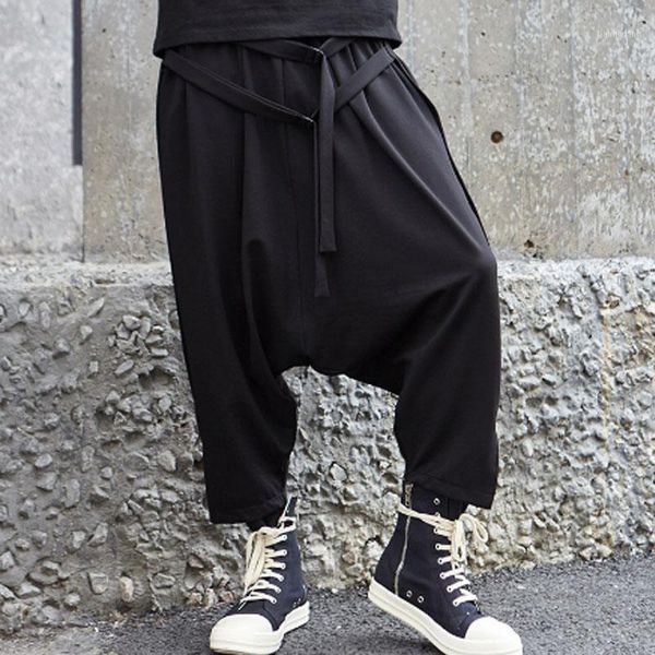 

homens estilo preto escuro baixa virilha calças masculinas moda casual solto dança harem calças streetwear hip hop saia gótica1, Black