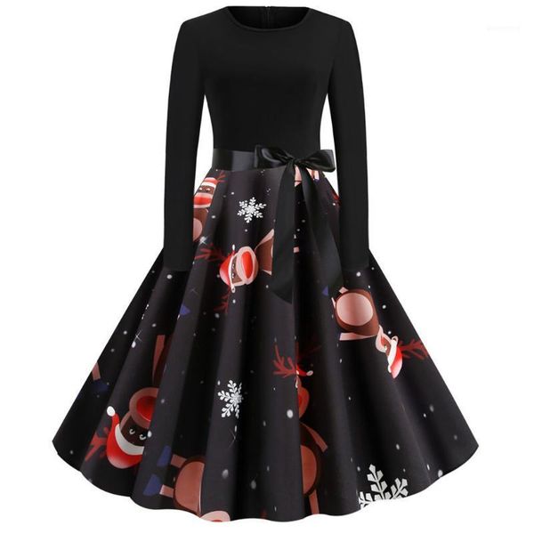 

casual dresses women big swing print vintage christmas dress robe winter long sleeve v neck year party plus size #t1g1, Black;gray
