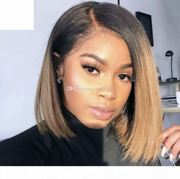 

t1b 30 ombre malaysian front wigs straight hair side part short bob human hair wig with baby hair for black women, Black;brown