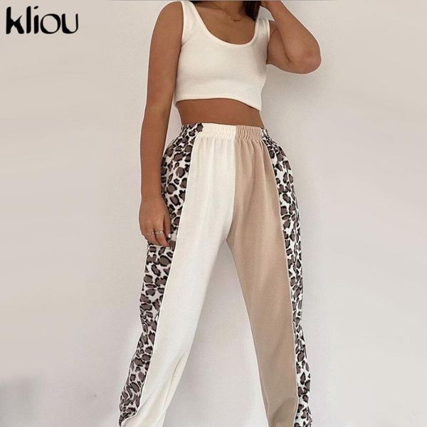 

kliou leopard print patchwork sweatpants women autumn fleece thick oversize pants female casual streetwear softy trousers trend, Black;white
