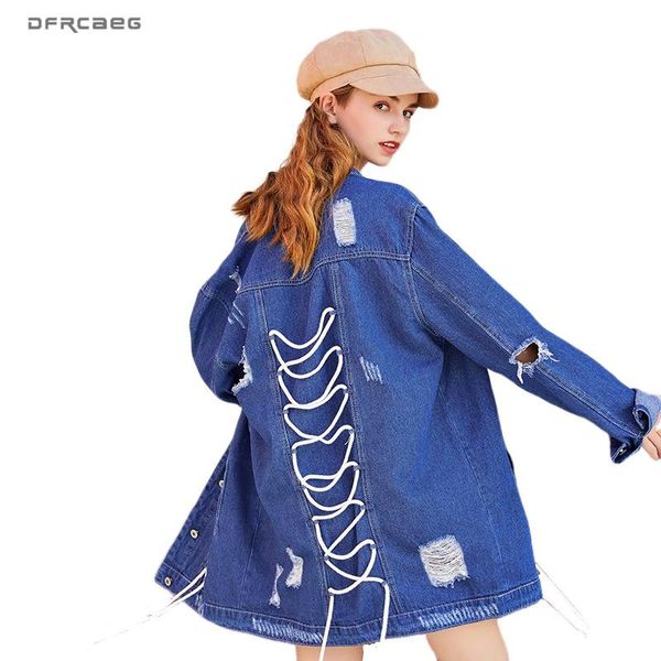 

deep blue vintage mid-long jean jacket with lace up spring autumn long sleeve streetwear denim coats ladies casual hole outwear, Black;brown