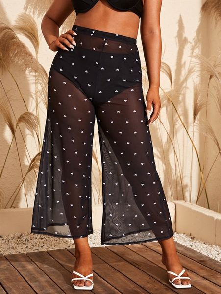 

plus heart pattern cover up pants k9e6#, Black