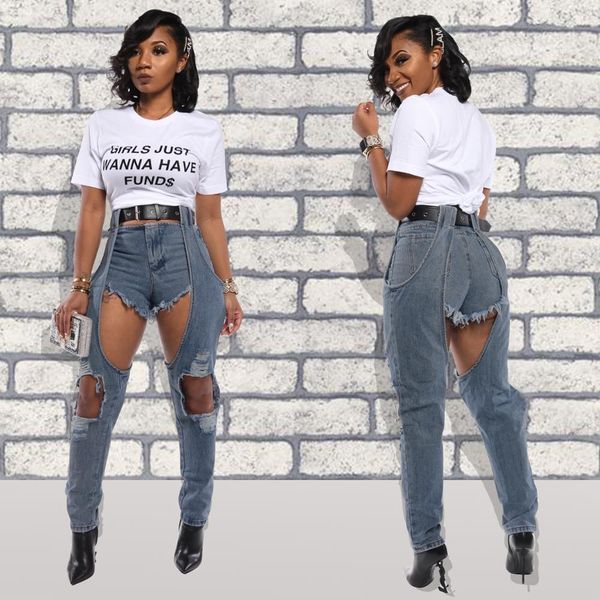 

2021 the new new so long hole short splices ultra-elastic casual torn woman jeans thin denim breeches women's brim ladies'brim pan, Blue