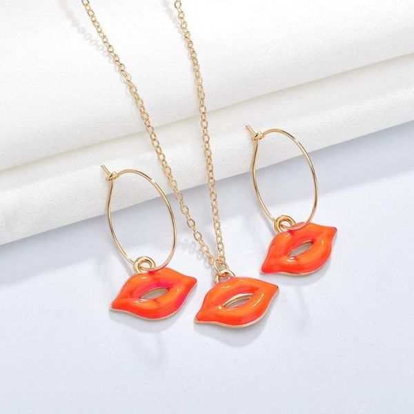 

women red lips pendant necklace earring sets hand made jewelry sets for women party decoration jewelry, Silver
