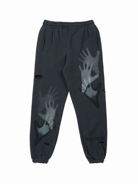 

men letter & hands print ripped drawstring waist sweatpants j2yk#, Black
