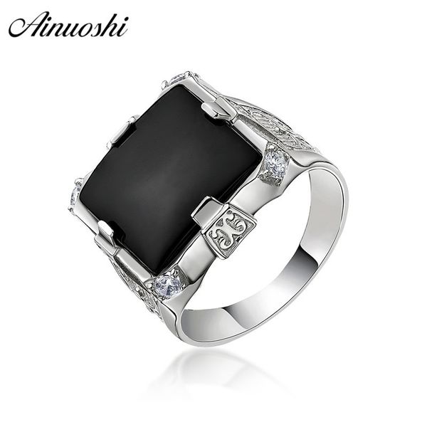 AINOUSHI Mode 925 Sterling Silber Männer Hochzeit Verlobungsring Schwarz Platz Männlich Silber Geburtstag Party Ring Geschenk hombre suena Y200106