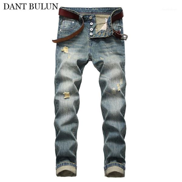 

men's ripped jeans slim fit vintage soft denim trouser scratched distressed button pants for male blue jean1