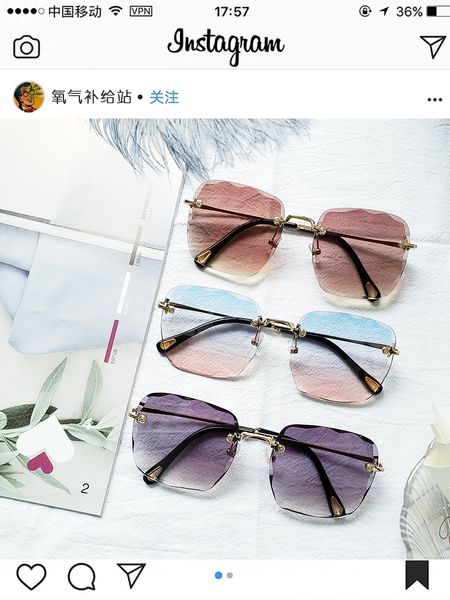 

big frame frameless gradient women tide ins net red crystal cut edge beach sunglasses uv protection, White;black