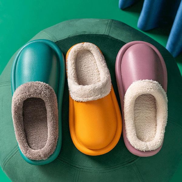 

shoes 2020 home slippers womne leather memory foam indoor slippers for men non-slip warm winter house slipper plush, Black