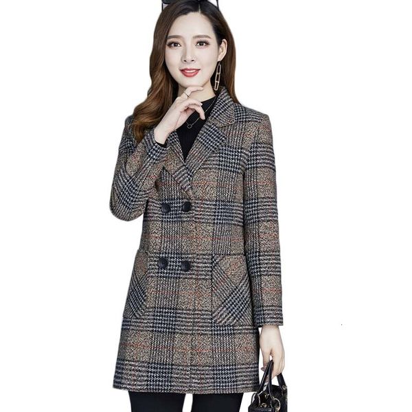 

middle-aged autumn winter jacket new fashion plaid woolen plus size -5xl mid-long outerwear women basic coat, Black
