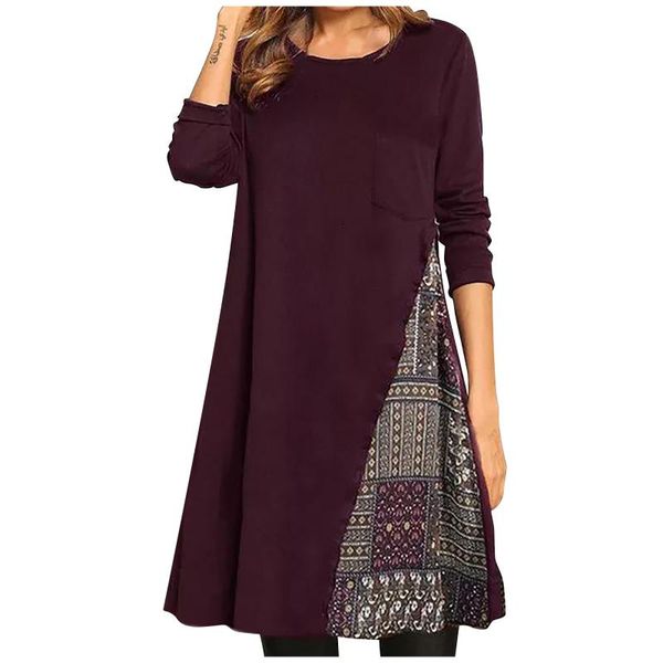 

women boho print color block shirt round neckline shift long sleeve pocket dress new fashion street vestido de mujer hot, Black;gray