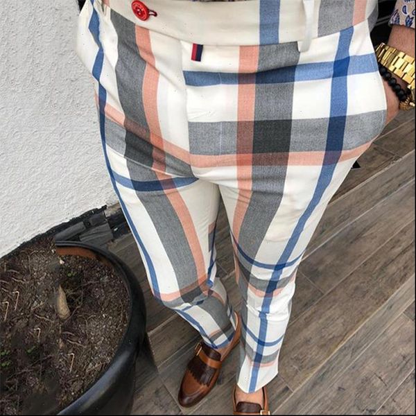 

mens plaid suit pants printed color high waist casual social check trouser business fit outwear male dress autumn clothing, Black